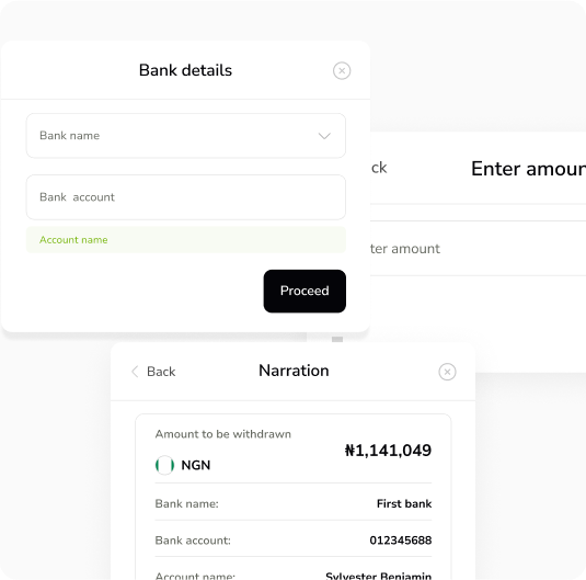 Mobile UI showing withdrawal form and confirmation details