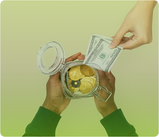 Hands holding cash over a jar
